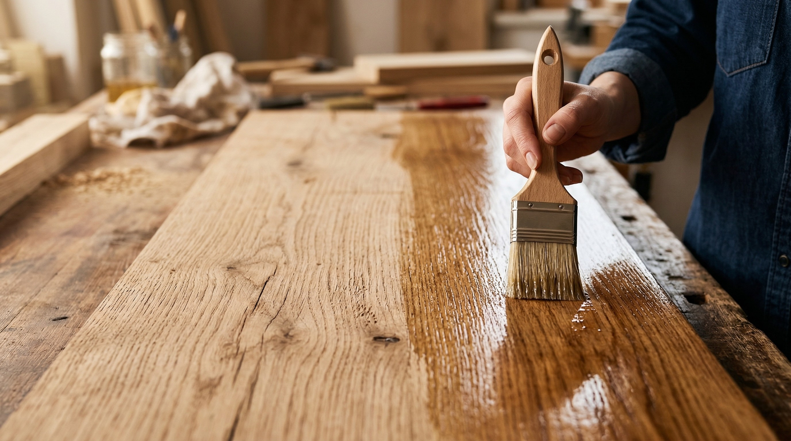 Wood coating application with brush